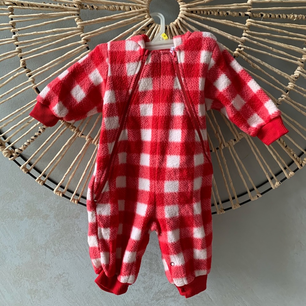 Fleece hooded unisex baby suit 6-9 red white - Picture 1 of 8
